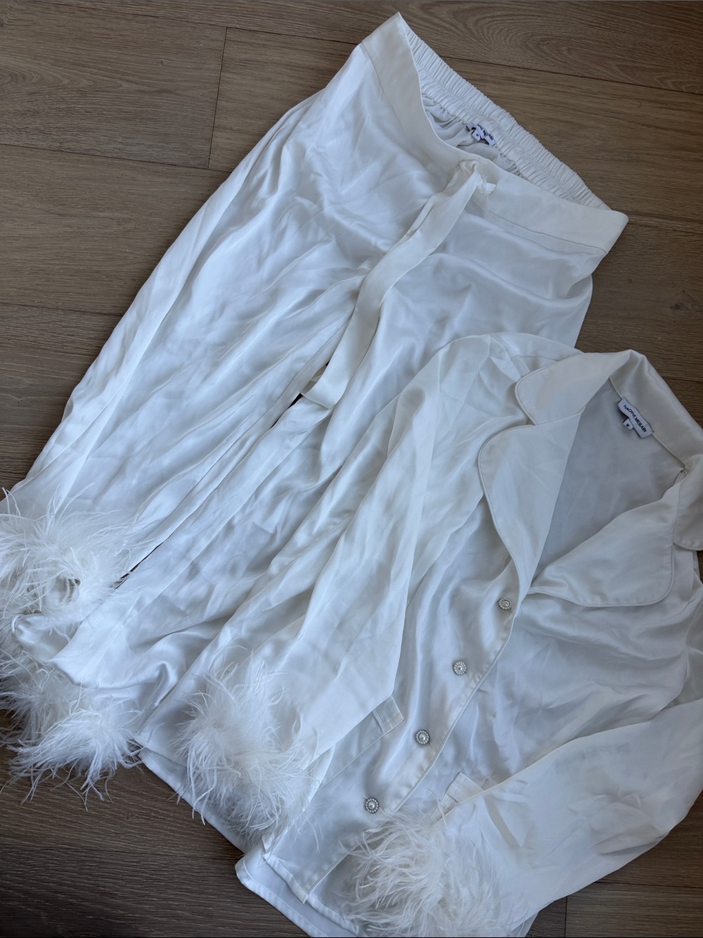 NADINE MERABI Ivory Feather-Trim Silk Pajama Set